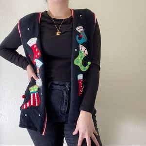 sold- Vintage Crystal Kobe Christmas Vest Navy Christmas Stockings Design